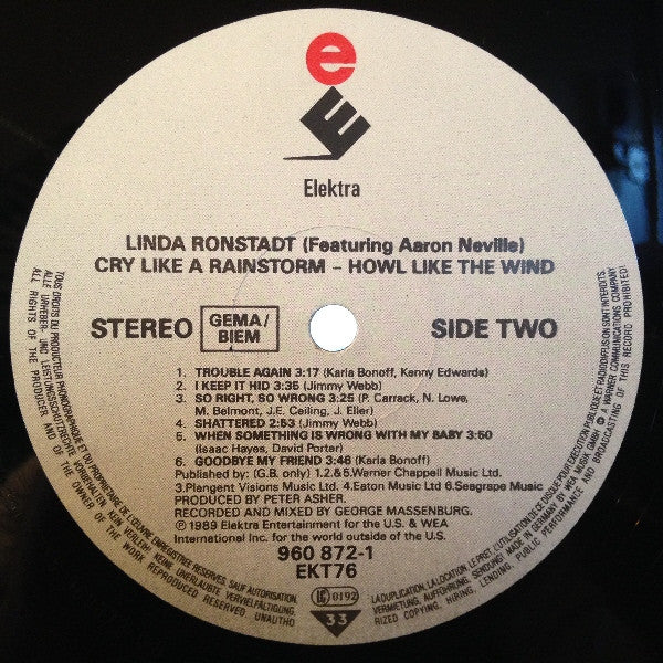 Linda Ronstadt Featuring Aaron Neville : Cry Like A Rainstorm - Howl Like The Wind (LP, Album)