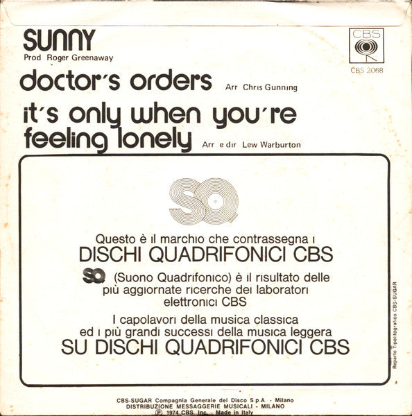 Sunny Leslie : Doctor's Orders / It's Only When You're Feeling Lonely (7")
