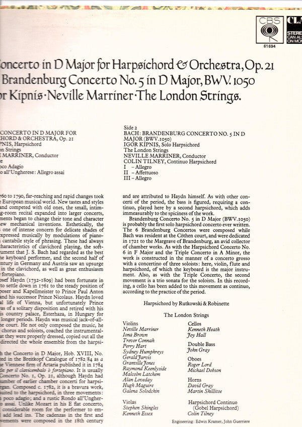 Joseph Haydn, Johann Sebastian Bach, The London Strings, Sir Neville Marriner : Concerto In D Major, Op. 21 / Brandenburg Concerto No. 5, BWV.1050 (LP)