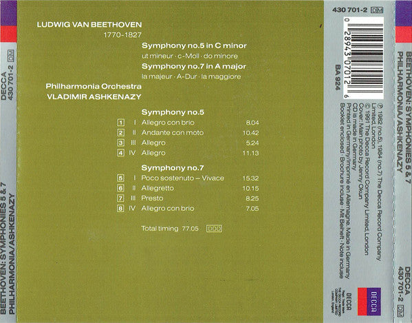 Ludwig van Beethoven, Philharmonia Orchestra, Vladimir Ashkenazy : Symphonies 5 & 7 (CD, Comp, RE)