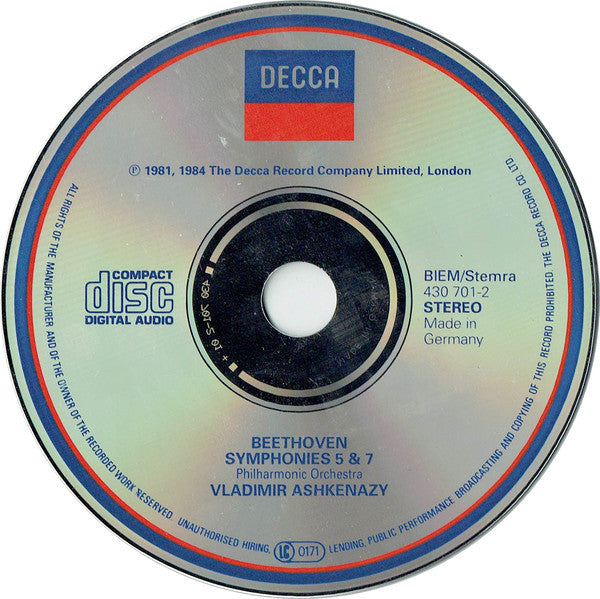 Ludwig van Beethoven, Philharmonia Orchestra, Vladimir Ashkenazy : Symphonies 5 & 7 (CD, Comp, RE)