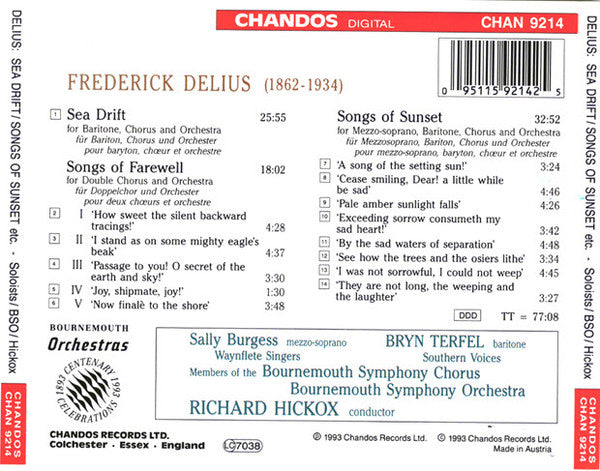 Frederick Delius, Bryn Terfel, Sally Burgess, Richard Hickox, Bournemouth Symphony Orchestra : Sea Drift - Songs Of Farewell - Songs Of Sunset (CD)