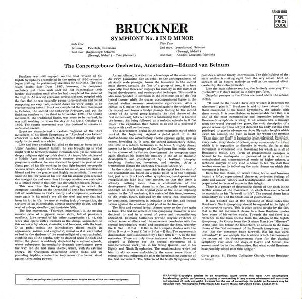 Anton Bruckner, Concertgebouworkest, Eduard van Beinum : Symphony No 9 In D Minor (LP, RE, RM)