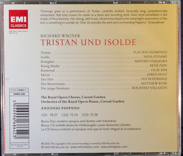 Placido Domingo · Nina Stemme · Mihoko Fujimura · Olaf Bär · René Pape · Ian Bostridge · Jared Holt · Matthew Rose (3) · Rolando Villazón, Chorus Of The Royal Opera House, Covent Garden And Orchestra Of The Royal Opera House, Covent Garden, Antonio Pappan : Tristan Und Isolde (3xCD + CD + Box, Fat)