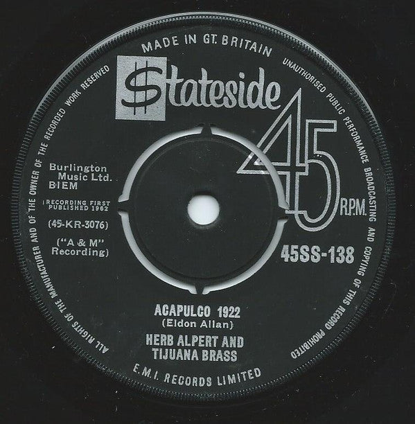 Herb Alpert & The Tijuana Brass : The Lonely Bull (El Solo Torro) (7", Single)